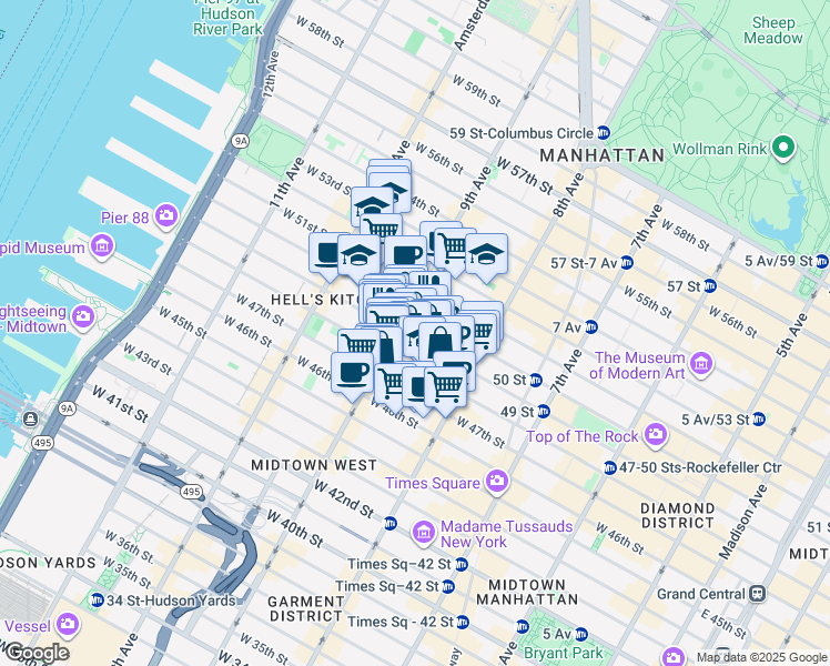 map of restaurants, bars, coffee shops, grocery stores, and more near 355 West 49th Street in New York