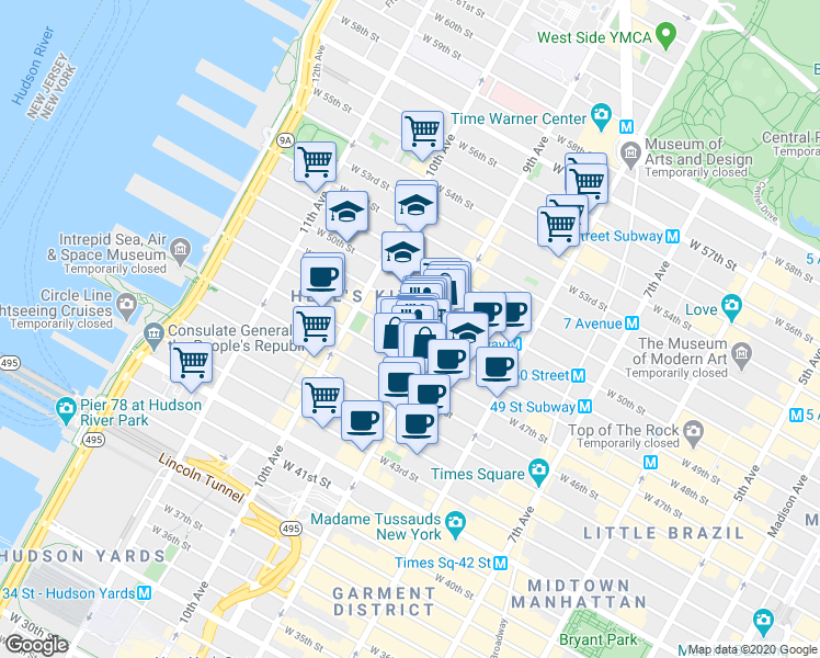 map of restaurants, bars, coffee shops, grocery stores, and more near 401-499 West 48th Street in New York