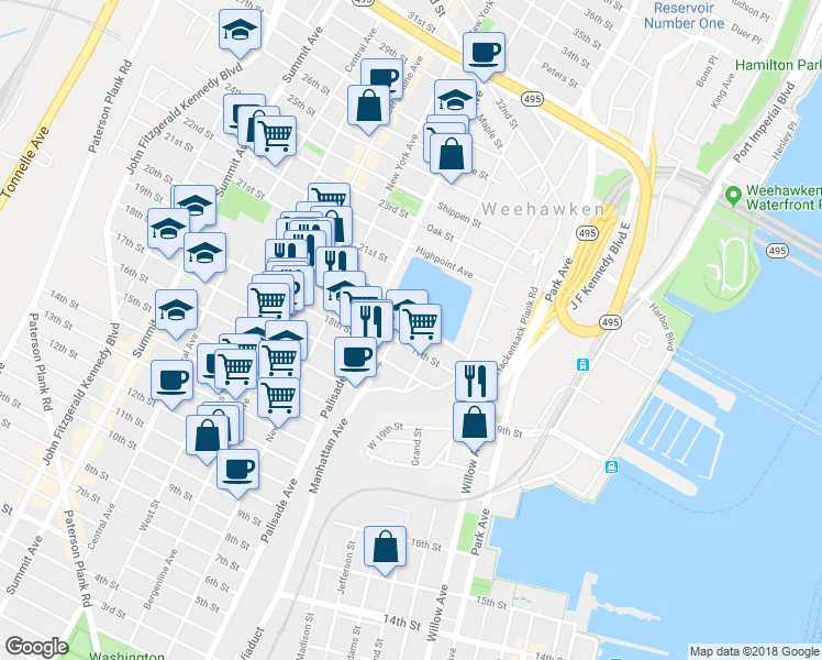 map of restaurants, bars, coffee shops, grocery stores, and more near 184 19th Street in Union City