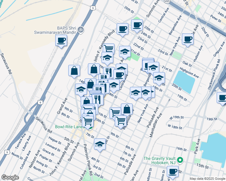 map of restaurants, bars, coffee shops, grocery stores, and more near 714 14th Street in Union City