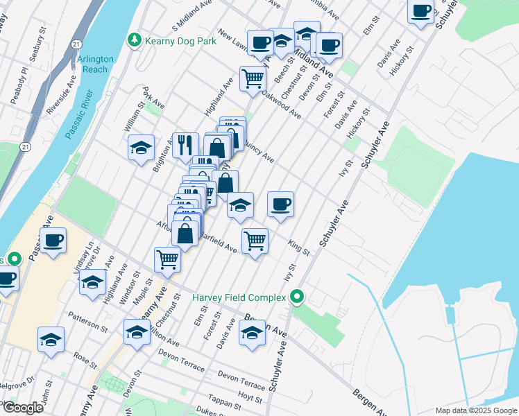 map of restaurants, bars, coffee shops, grocery stores, and more near 254 Elm Street in Kearny