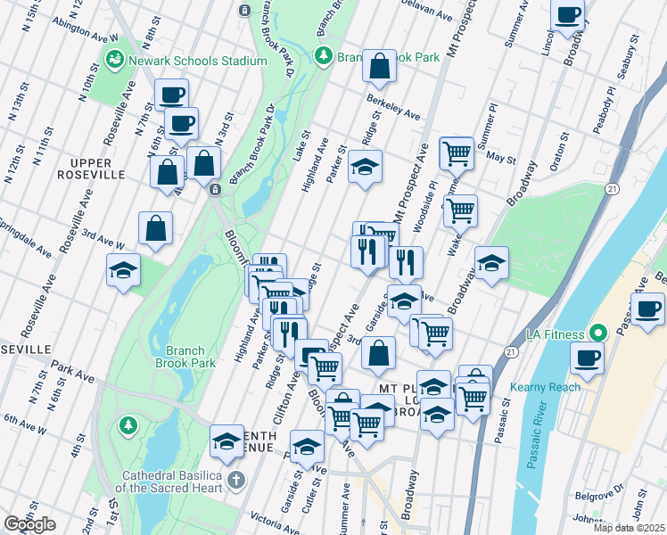 map of restaurants, bars, coffee shops, grocery stores, and more near 363 Clifton Avenue in Newark