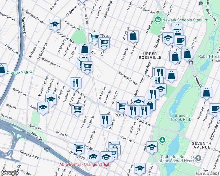 map of restaurants, bars, coffee shops, grocery stores, and more near 180 North 12th Street in Newark