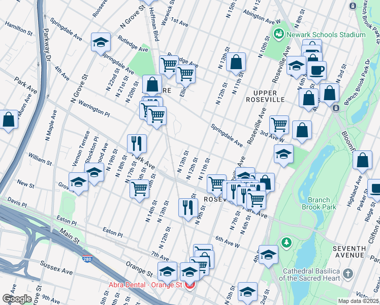 map of restaurants, bars, coffee shops, grocery stores, and more near 180 North 12th Street in Newark