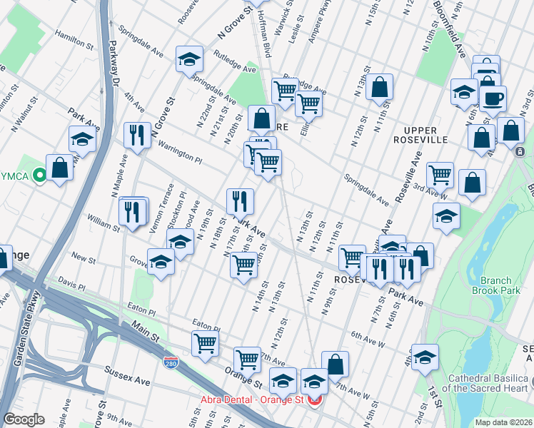 map of restaurants, bars, coffee shops, grocery stores, and more near 201 North 15th Street in East Orange