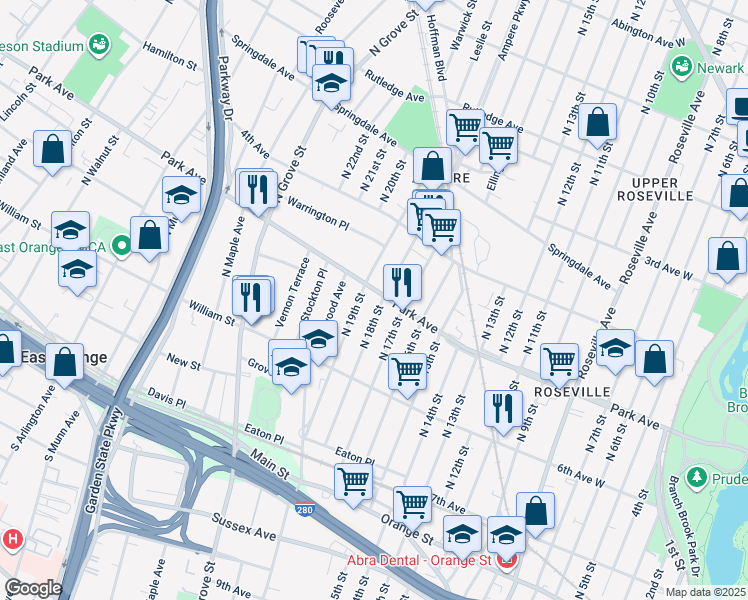 map of restaurants, bars, coffee shops, grocery stores, and more near 107 North 18th Street in East Orange