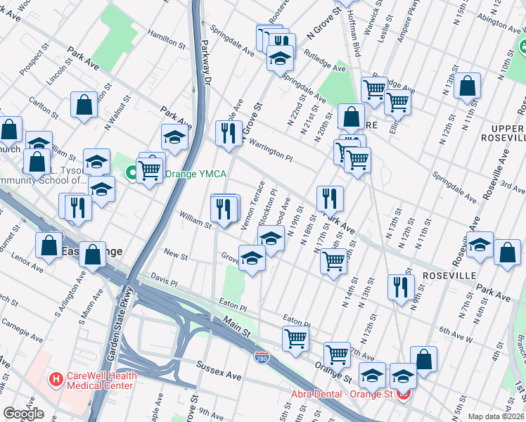 map of restaurants, bars, coffee shops, grocery stores, and more near 42 Stockton Place in East Orange