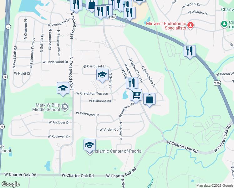 map of restaurants, bars, coffee shops, grocery stores, and more near 3903 Hillmont Court in Peoria