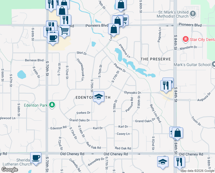 map of restaurants, bars, coffee shops, grocery stores, and more near 7628 Glynoaks Drive in Lincoln