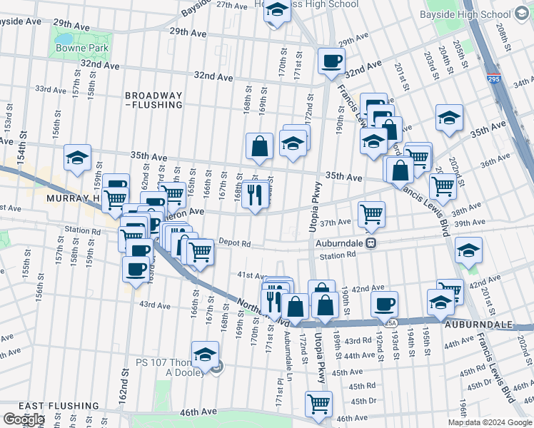 map of restaurants, bars, coffee shops, grocery stores, and more near 170th Street in Queens