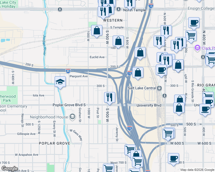 map of restaurants, bars, coffee shops, grocery stores, and more near 241 North Vine Street in Salt Lake City