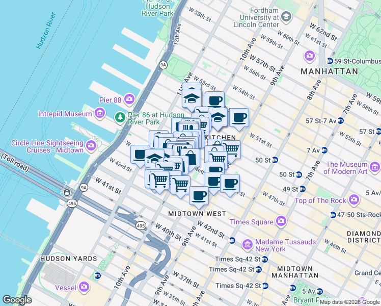 map of restaurants, bars, coffee shops, grocery stores, and more near 10th Ave & W 47th St in New York