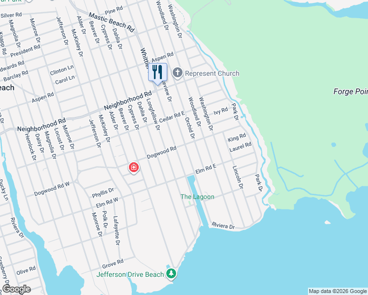 map of restaurants, bars, coffee shops, grocery stores, and more near 19 Whittier Drive in Mastic Beach