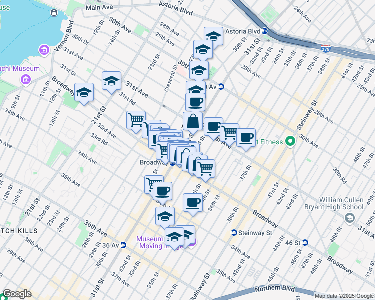 map of restaurants, bars, coffee shops, grocery stores, and more near 31-57 31st Street in Queens
