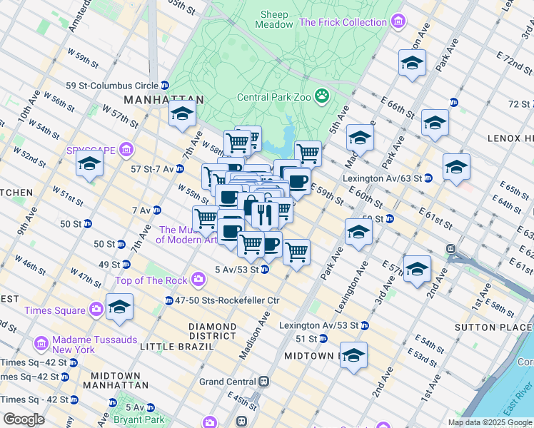 map of restaurants, bars, coffee shops, grocery stores, and more near 12 West 56th Street in New York