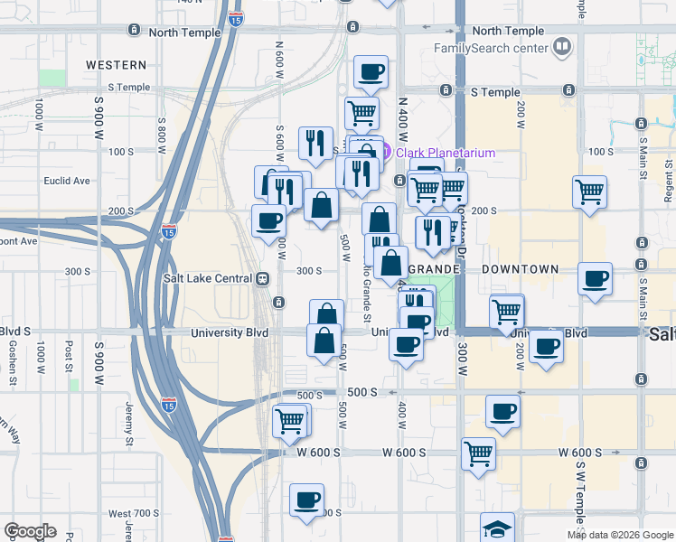 map of restaurants, bars, coffee shops, grocery stores, and more near 300 South 500 West in Salt Lake City