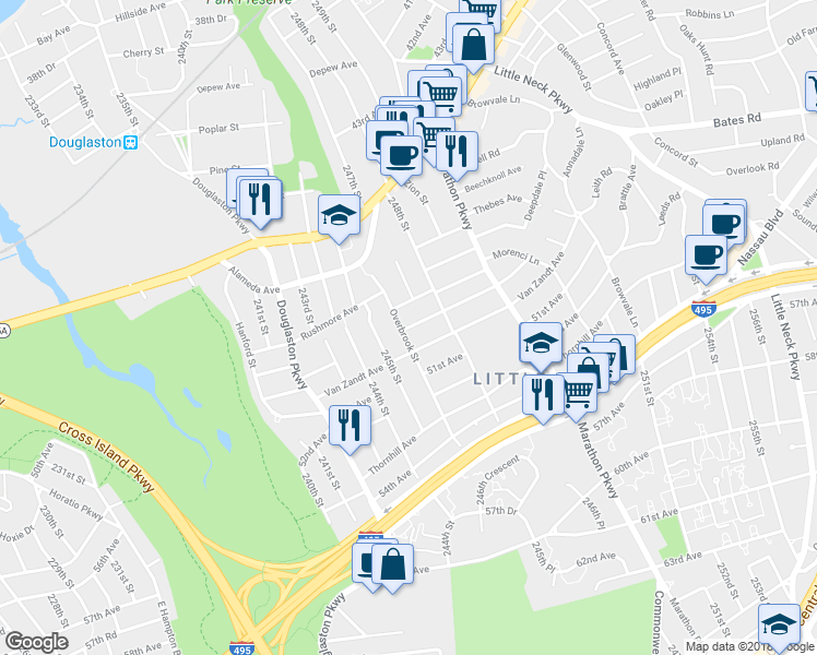 map of restaurants, bars, coffee shops, grocery stores, and more near 247-12 Cambria Avenue in Queens