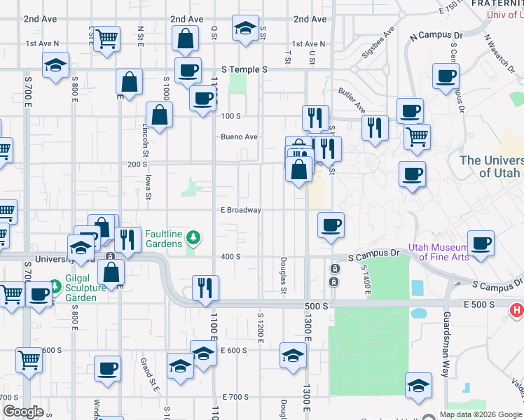 map of restaurants, bars, coffee shops, grocery stores, and more near 301 South 1200 East in Salt Lake City