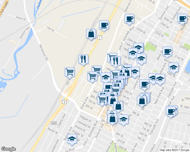 map of restaurants, bars, coffee shops, grocery stores, and more near 1109 Grand Avenue in North Bergen