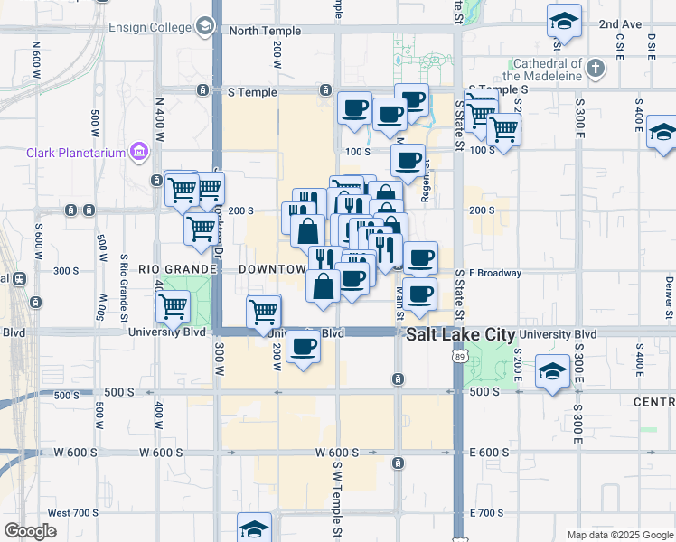 map of restaurants, bars, coffee shops, grocery stores, and more near 301 South West Temple in Salt Lake City