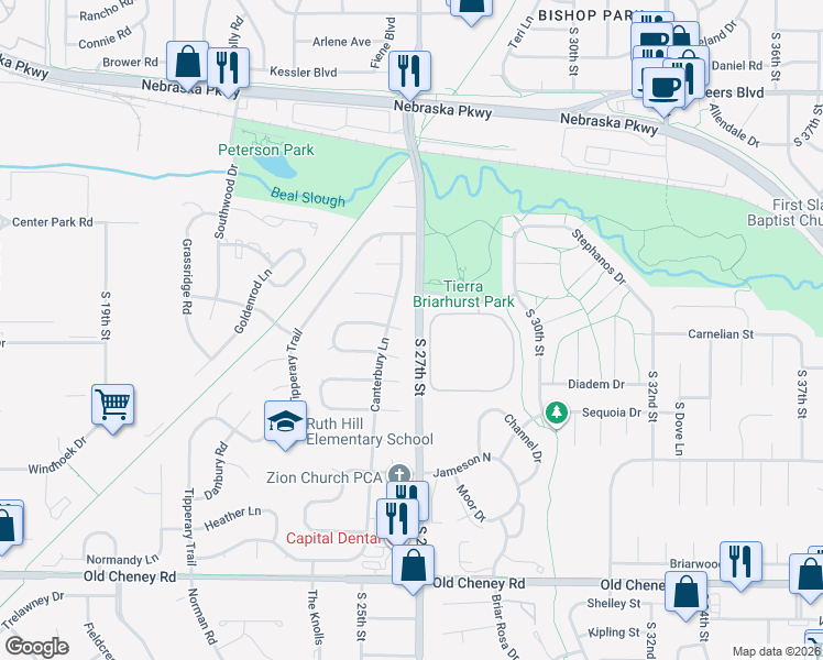 map of restaurants, bars, coffee shops, grocery stores, and more near 2631 Cheshire North Court in Lincoln