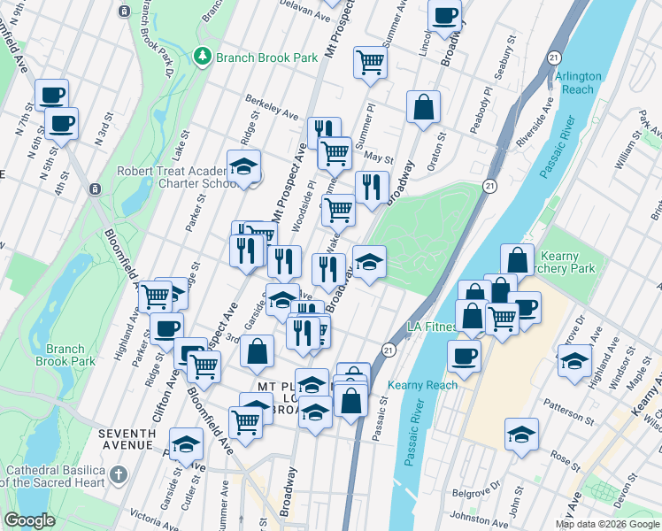 map of restaurants, bars, coffee shops, grocery stores, and more near 342 Broadway in Newark