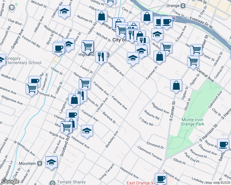 map of restaurants, bars, coffee shops, grocery stores, and more near 411 Fairview Avenue in City of Orange