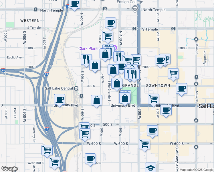 map of restaurants, bars, coffee shops, grocery stores, and more near 270 South Rio Grande Street in Salt Lake City