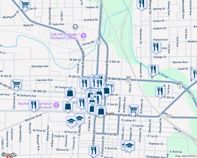 map of restaurants, bars, coffee shops, grocery stores, and more near 160 North Main Street in Mansfield