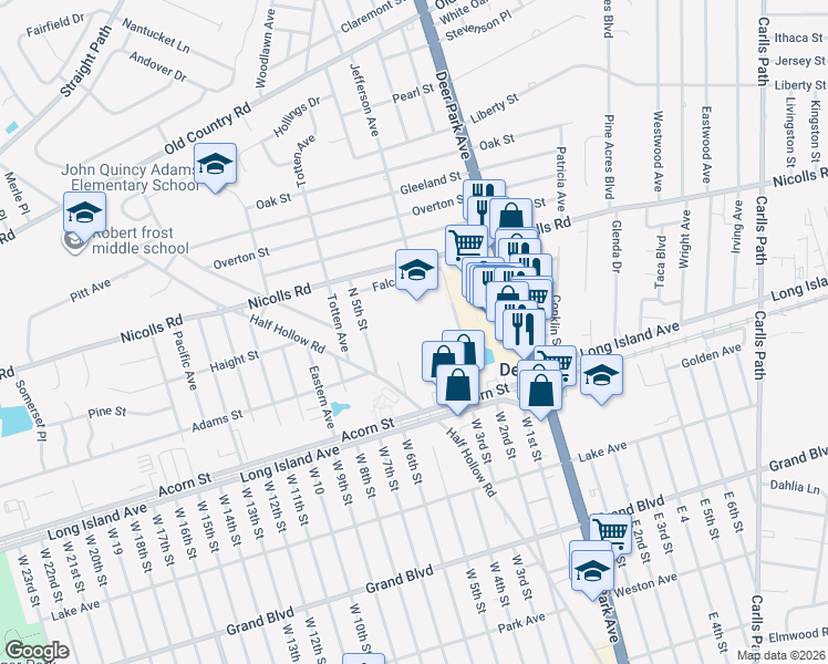 map of restaurants, bars, coffee shops, grocery stores, and more near 1 Falcon Place in Deer Park