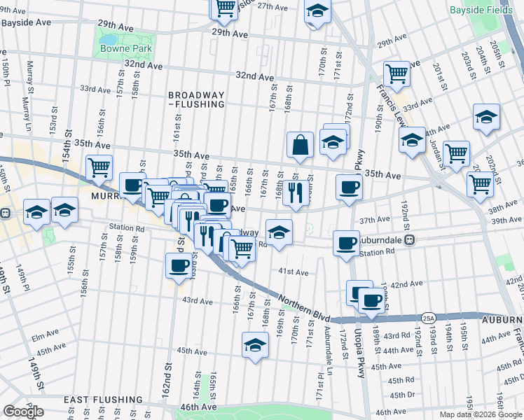 map of restaurants, bars, coffee shops, grocery stores, and more near 167-10 Crocheron Avenue in Queens