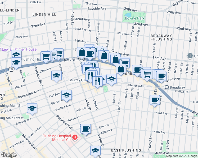 map of restaurants, bars, coffee shops, grocery stores, and more near 41-13 150th Street in Queens