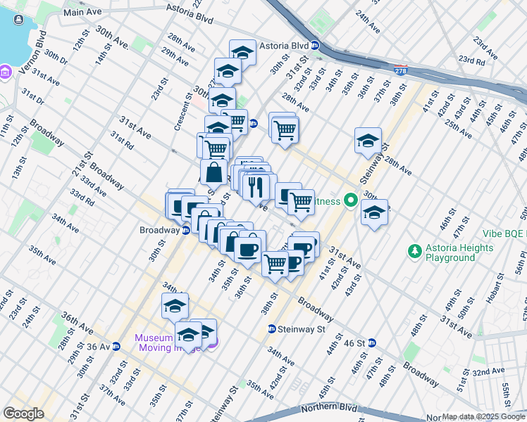 map of restaurants, bars, coffee shops, grocery stores, and more near 31-23 34th Street in Queens