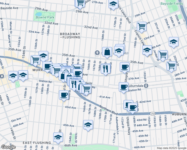map of restaurants, bars, coffee shops, grocery stores, and more near Crocheron Ave & 167th St in Queens