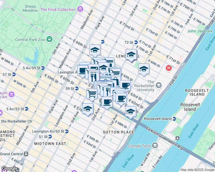 map of restaurants, bars, coffee shops, grocery stores, and more near 247 East 62nd Street in New York