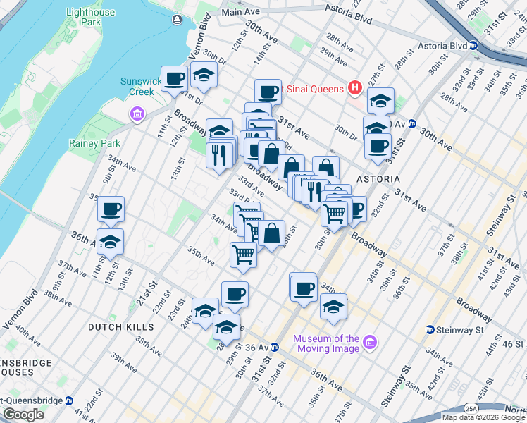 map of restaurants, bars, coffee shops, grocery stores, and more near 21-80 33rd Road in Queens