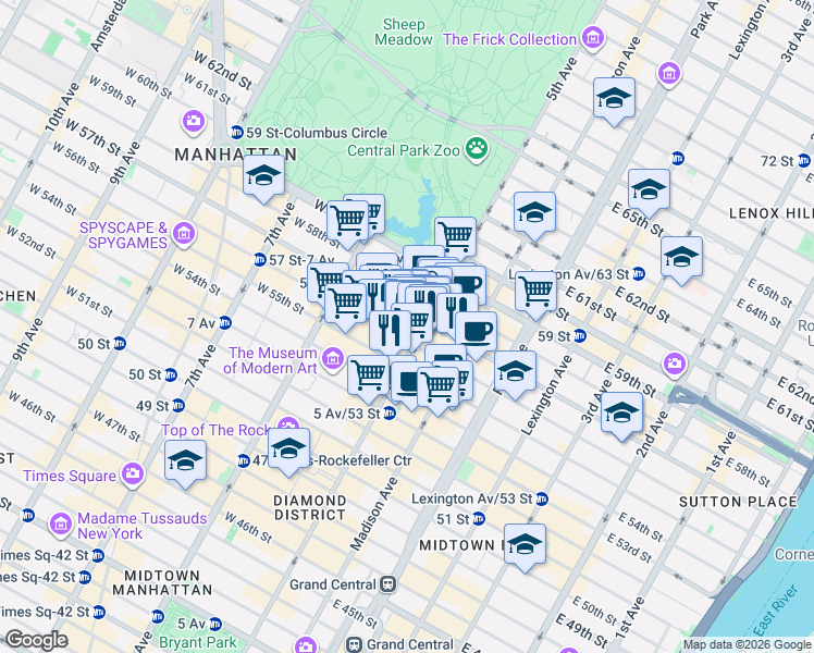 map of restaurants, bars, coffee shops, grocery stores, and more near 65 East 55th Street in New York