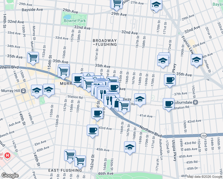 map of restaurants, bars, coffee shops, grocery stores, and more near 35-86 164th Street in Queens