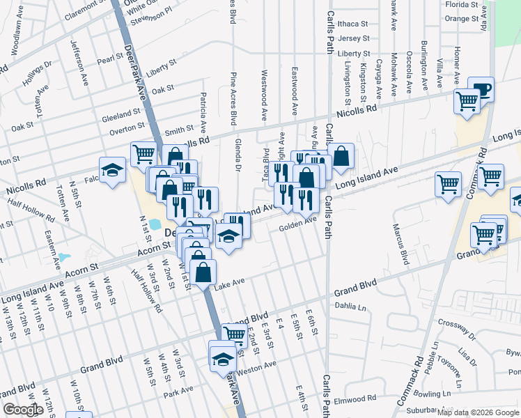 map of restaurants, bars, coffee shops, grocery stores, and more near 809 Long Island Avenue in Deer Park