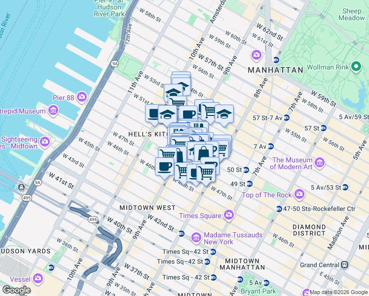map of restaurants, bars, coffee shops, grocery stores, and more near 9th Ave & W 49th St in New York