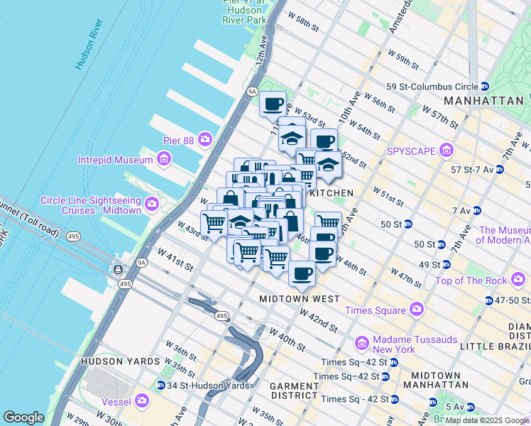 map of restaurants, bars, coffee shops, grocery stores, and more near 530 West 46th Street in New York