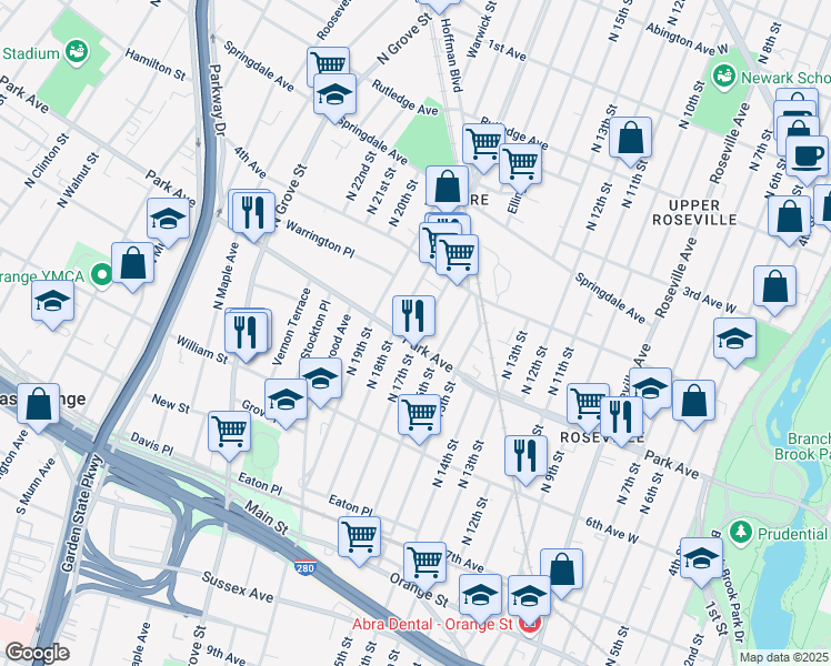 map of restaurants, bars, coffee shops, grocery stores, and more near 66 Park Avenue in East Orange
