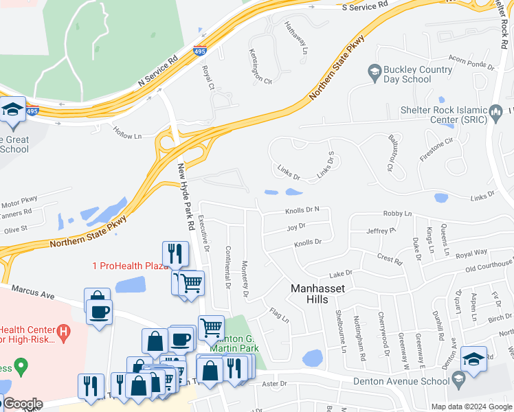 map of restaurants, bars, coffee shops, grocery stores, and more near Old Court House Road in Nassau County