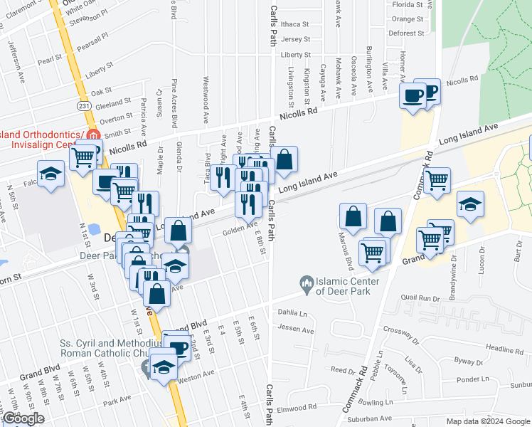 map of restaurants, bars, coffee shops, grocery stores, and more near 400 Carlls Path in Deer Park