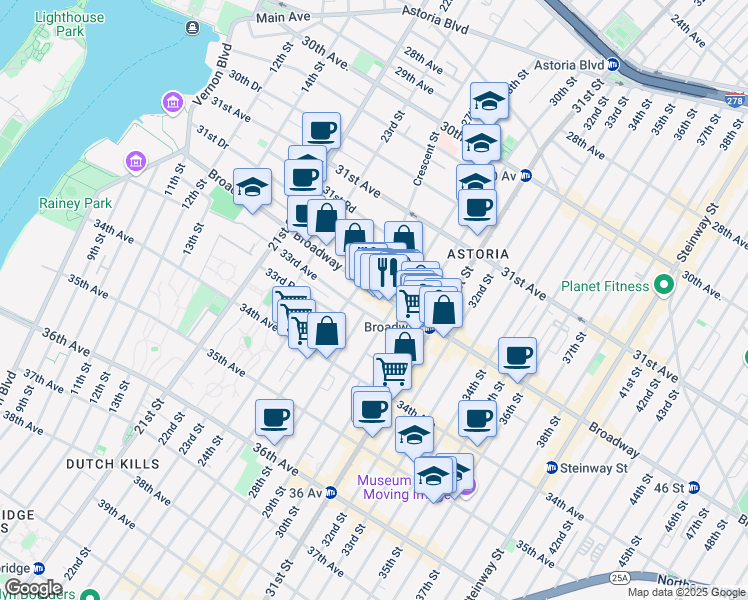 map of restaurants, bars, coffee shops, grocery stores, and more near 32-12 29th Street in Queens