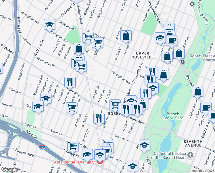 map of restaurants, bars, coffee shops, grocery stores, and more near 180 North 12th Street in Newark