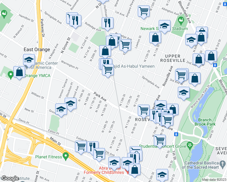 map of restaurants, bars, coffee shops, grocery stores, and more near 201 North 15th Street in East Orange