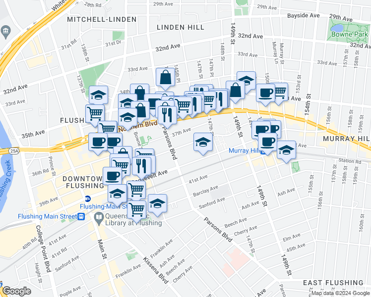 map of restaurants, bars, coffee shops, grocery stores, and more near 144-30 38th Avenue in Queens