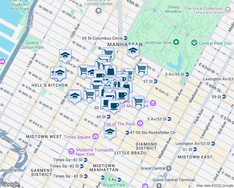 map of restaurants, bars, coffee shops, grocery stores, and more near 810 7th Avenue in New York