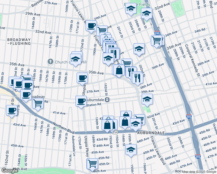 map of restaurants, bars, coffee shops, grocery stores, and more near 192-14 37th Avenue in Queens